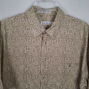 Burma Bibas Men's Large Shirt Geometric Short‎ Sleeve Pocket Beige Brown Tribal
